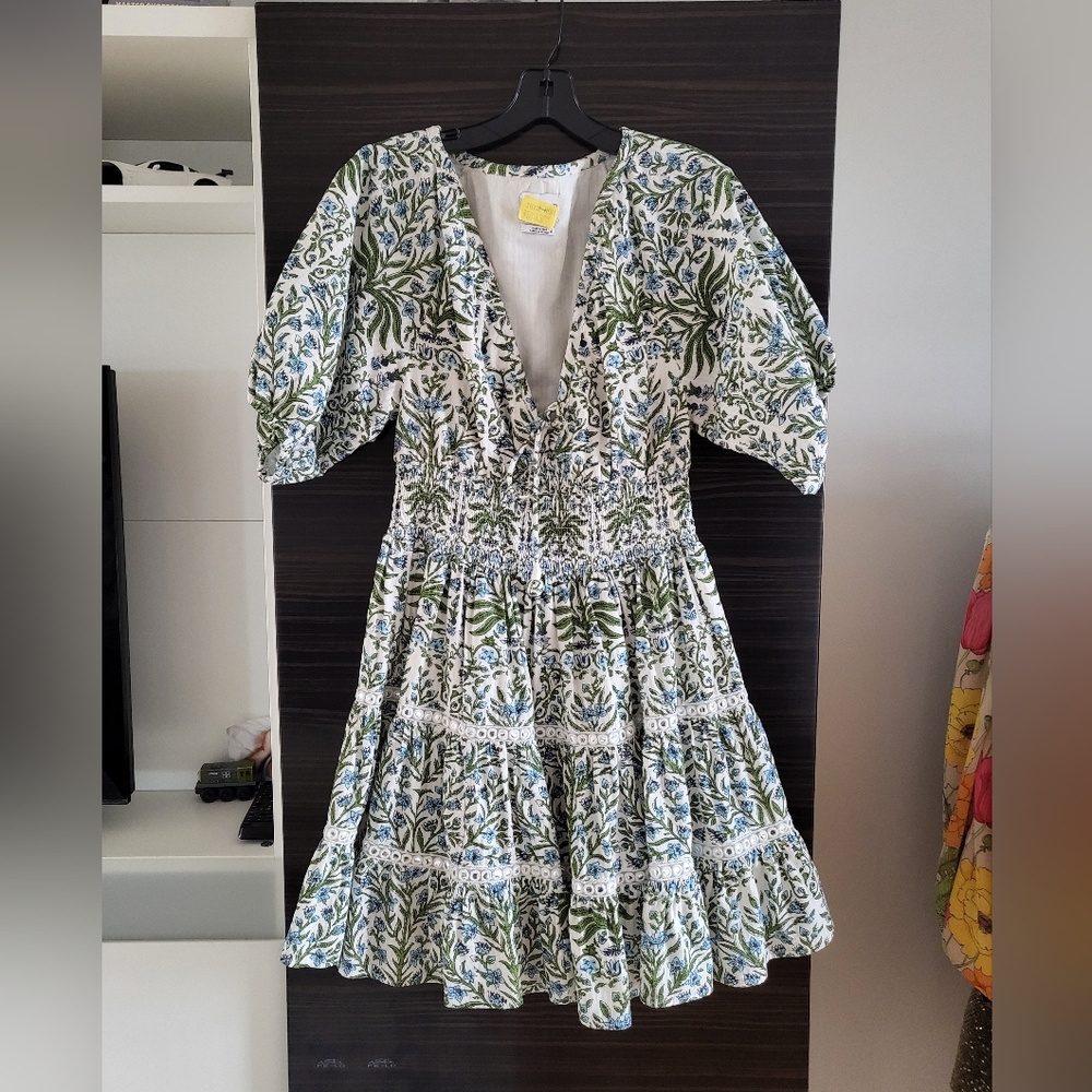 SAYLOR White and Green Puff Sleeve Midi Sundress